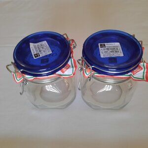 Bormioli Rocco Clear Glass & Blue Glass Lid Hermetic Jar Made in Italy Set of 2